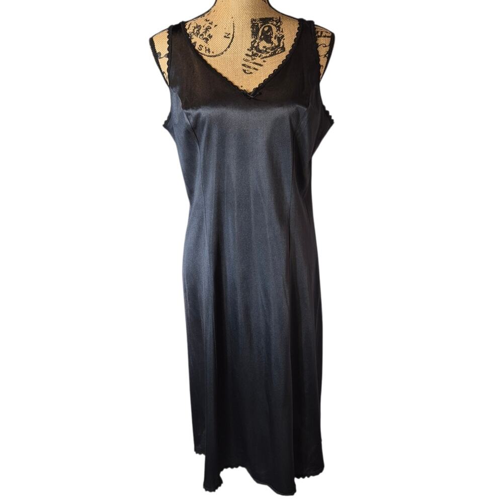 Vintage Warners Black Satin Slip Dress Lace Trim Sleeveless Black USA M/L